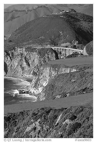Bluffs and Bixby Creek Bridge. Big Sur, California, USA (black and white)