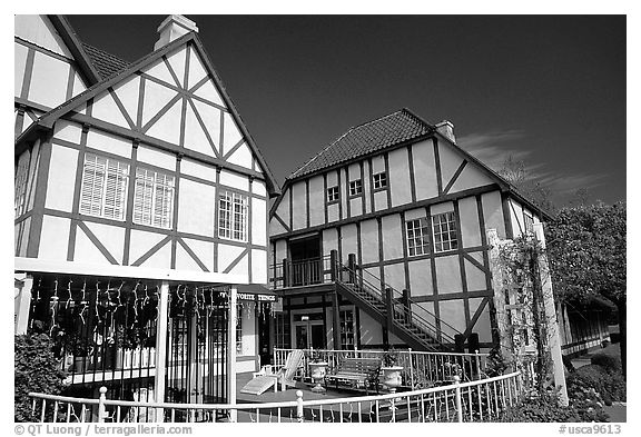 Half-timbered houses, Danish village. Solvang, California, USA (black and white)