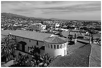 Red tile rooftops of the courthouse. Santa Barbara, California, USA ( black and white)