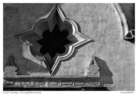 Opening detail, Carmel Mission. Carmel-by-the-Sea, California, USA (black and white)