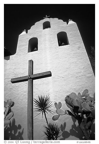 Cross and bell tower, Mission Santa Inez. Solvang, California, USA (black and white)