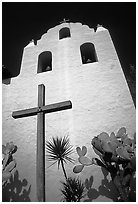 Cross and bell tower, Mission Santa Inez. Solvang, California, USA ( black and white)