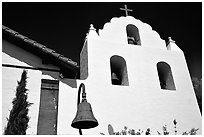 Cross and bell tower, Mission Santa Inez. California, USA (black and white)