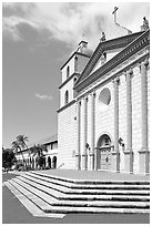 Stairs and chapel, Mission Santa Barbara, morning. Santa Barbara, California, USA (black and white)