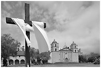 Cross and Mission Santa Barbara,  morning. Santa Barbara, California, USA (black and white)