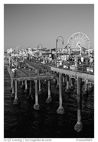 Pier and Ferris Wheel, late afternoon. Santa Monica, Los Angeles, California, USA (black and white)