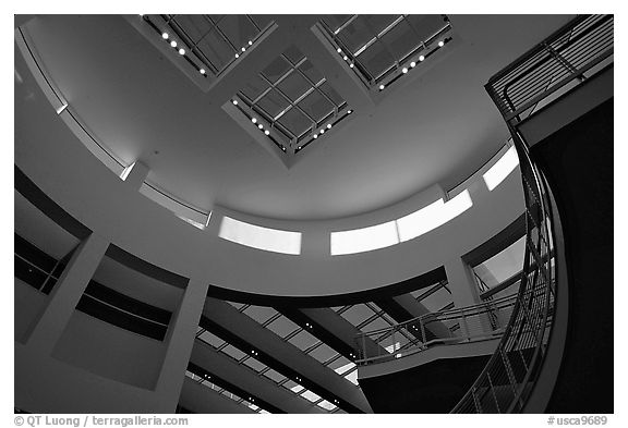 Interior of Entrance Hall of Museum, sunset, Getty Center, Brentwood. Los Angeles, California, USA (black and white)