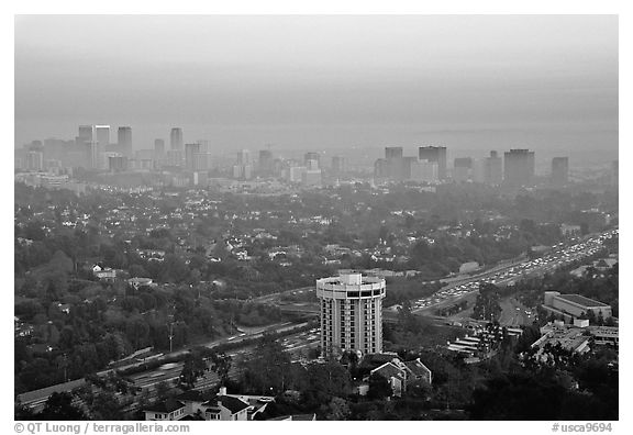 Los Angeles skyline seen from Brentwood at dusk. Los Angeles, California, USA