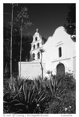 Agaves and front of Mission San Diego de Alcala. San Diego, California, USA (black and white)