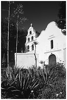 Agaves and front of Mission San Diego de Alcala. San Diego, California, USA (black and white)