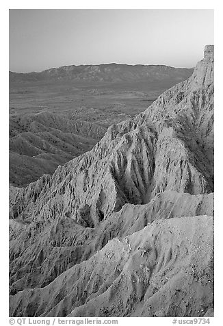 Eroded badlands at sunrise, Font Point. Anza Borrego Desert State Park, California, USA (black and white)