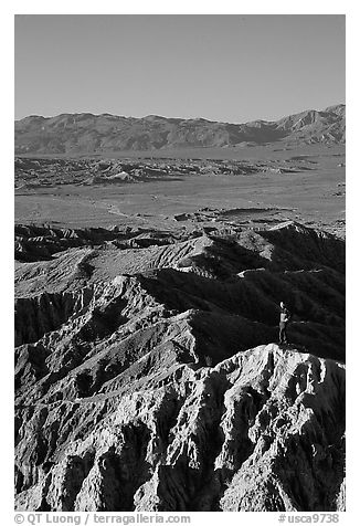 Visitor at Font Point. Anza Borrego Desert State Park, California, USA (black and white)