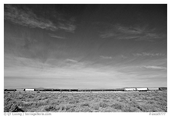 Long train in the Mojave desert. California, USA (black and white)