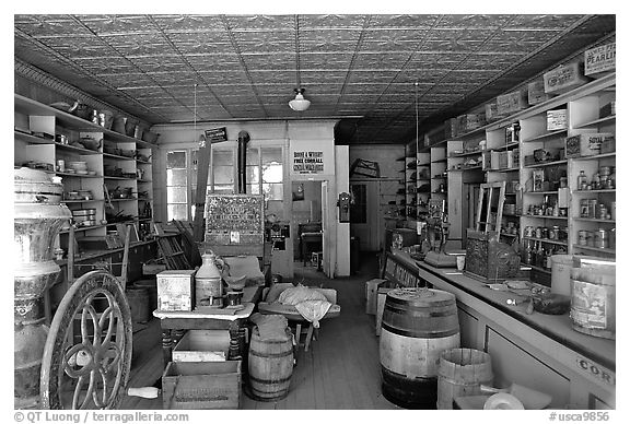 Interior of general store, Ghost Town, Bodie State Park. California, USA (black and white)
