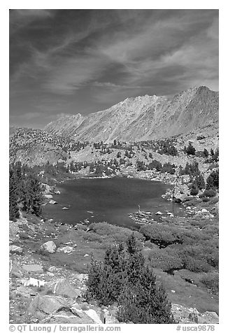 Fishing in small mountain lake, Inyo National Forest. California, USA (black and white)