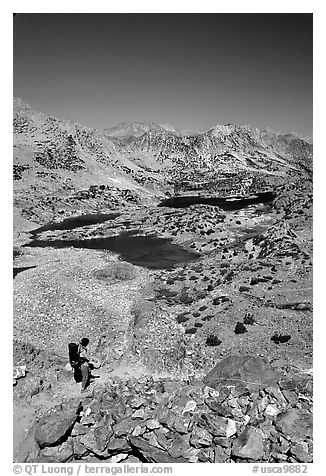 Chain of lakes seen from Bishop Pass, Inyo National Forest. California, USA (black and white)