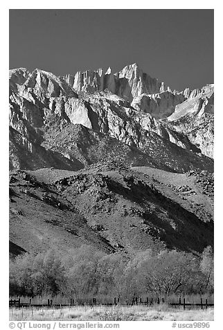 Mt Whitney, Sierra Nevada range, and foothills. California, USA (black and white)