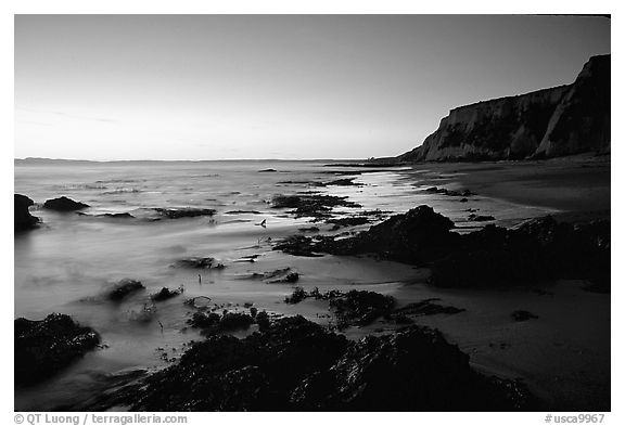 Rocks and surf, Sculptured Beach, sunset. Point Reyes National Seashore, California, USA (black and white)