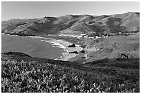 Fort Cronkhite and Rodeo Beach and hills, late afternoon. California, USA ( black and white)