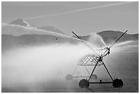 Irrigation machine and Mt Shasta. California, USA (black and white)