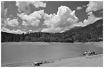 Family on the shore of Shasta Lake. California, USA (black and white)