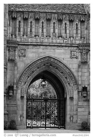 Gate in gothic style, Branford College. Yale University, New Haven, Connecticut, USA
