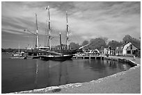 Historic harbor and tall ship. Mystic, Connecticut, USA ( black and white)
