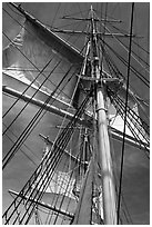 Masts and sails of Charles W Morgan historic ship. Mystic, Connecticut, USA ( black and white)