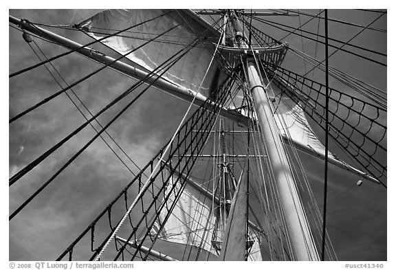 Sails and masts of Charles W Morgan whaleship. Mystic, Connecticut, USA