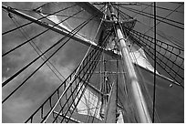Sails and masts of Charles W Morgan whaleship. Mystic, Connecticut, USA (black and white)