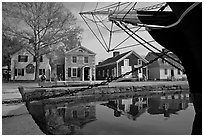 Ship and historic buildings. Mystic, Connecticut, USA (black and white)