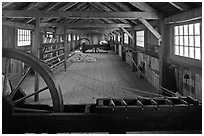 Fibers being spun into yards, Ropewalk. Mystic, Connecticut, USA (black and white)