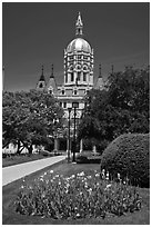 Gardens and Connecticut Capitol. Hartford, Connecticut, USA (black and white)