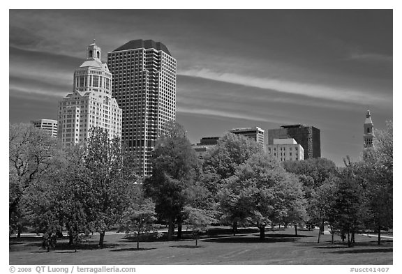 Hartford skyline and Bushnell Park. Hartford, Connecticut, USA (black and white)