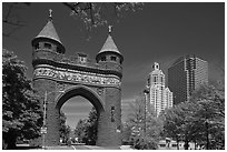 Memorial Arch and skyline. Hartford, Connecticut, USA ( black and white)