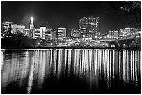 Skyline of Hartford reflected in Connecticut River at night. Hartford, Connecticut, USA ( black and white)