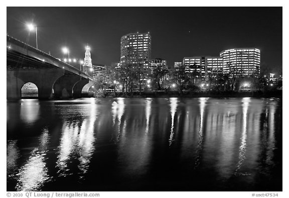Night skyline and bridge over Connecticut River. Hartford, Connecticut, USA (black and white)