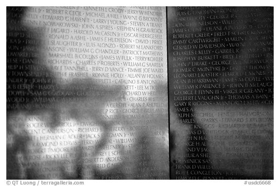 Vietnam Veterans Memorial with the names of the 58022 American casualties from the Vietnam War. Washington DC, USA (black and white)