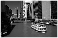 Chicago River and tour boat. Chicago, Illinois, USA ( black and white)