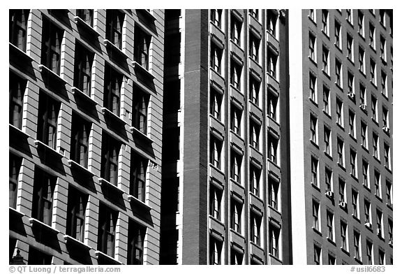 Architectural detail of facades. Chicago, Illinois, USA (black and white)