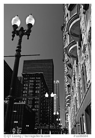 Lamp and buildings. Chicago, Illinois, USA (black and white)