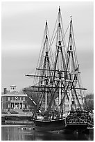 Square rigged East Indiaman Friendship, Salem Maritime National Historic Site. Salem, Massachussets, USA ( black and white)