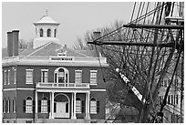 Ship rigging and Custom House, Salem Maritime National Historic Site. Salem, Massachussets, USA (black and white)