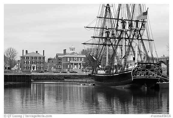 Sail ship and waterfront, Salem Maritime National Historic Site. Salem, Massachussets, USA (black and white)
