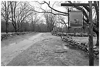 Battle Road Trail and tavern sign, Minute Man National Historical Park. Massachussets, USA (black and white)