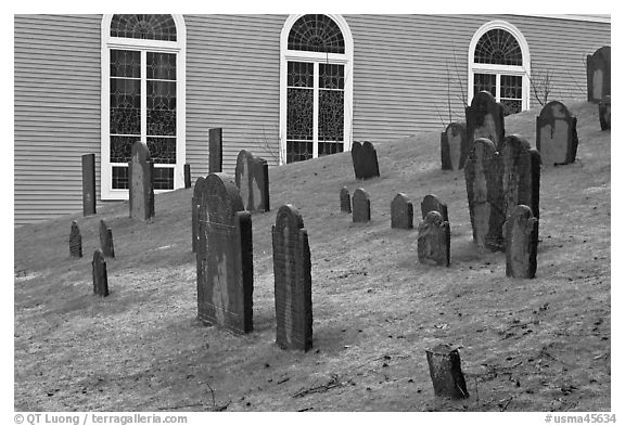 Cemetery and church, Concord. Massachussets, USA (black and white)