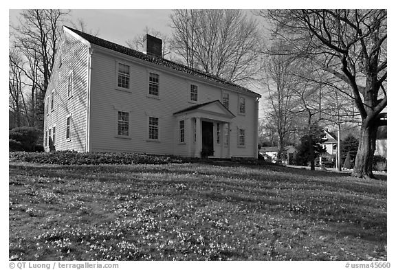 Historic house with early blooms in front yard, Sandwich. Cape Cod, Massachussets, USA (black and white)