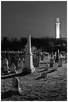 Cemetery and Pilgrim Monument by night, Provincetown. Cape Cod, Massachussets, USA ( black and white)