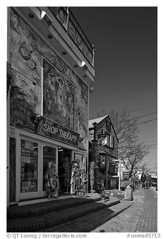 Storefront with quirky facade, Provincetown. Cape Cod, Massachussets, USA (black and white)