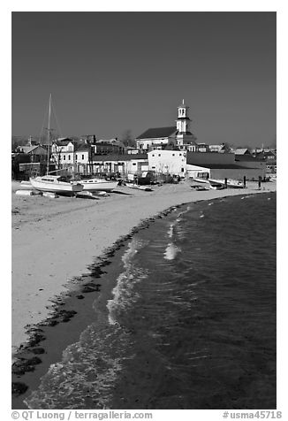 Beach, boats, and church building, Provincetown. Cape Cod, Massachussets, USA (black and white)